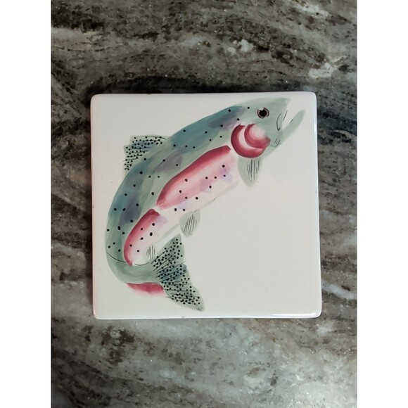 VINTAGE SARAH PETERSON RAINBOW TROUT SERVING TRIVET CARLISLE HARTSTONE SET - Picture 7 of 12